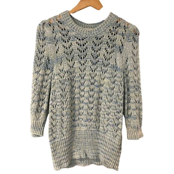 JOIE blue green white open knit sweater puff sleeve marled space dyed LARGE - Picture 1 of 9